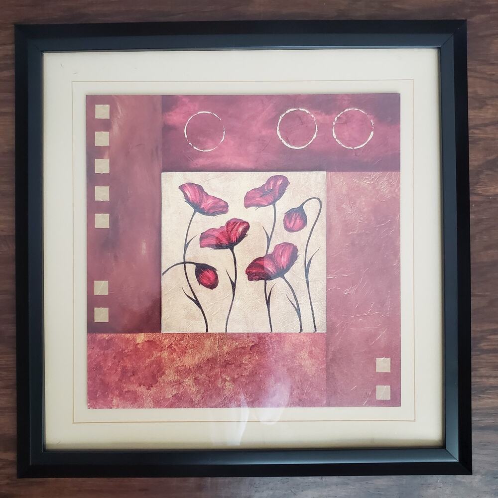 Retro MCM Oriental Poppies Flower Floral Print Frame Home Decor Adult Red & Gold